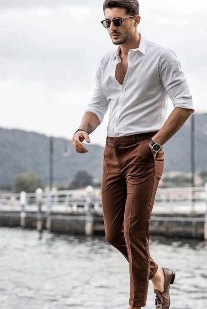 Men's White Shirt & Brown Pant with Formal Look L Men's White Shirt & Brown Pant with Formal Look L