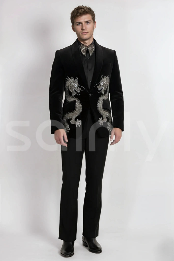 Men Dragon Embroidery Tuxedo Two Piece Suit(Front)