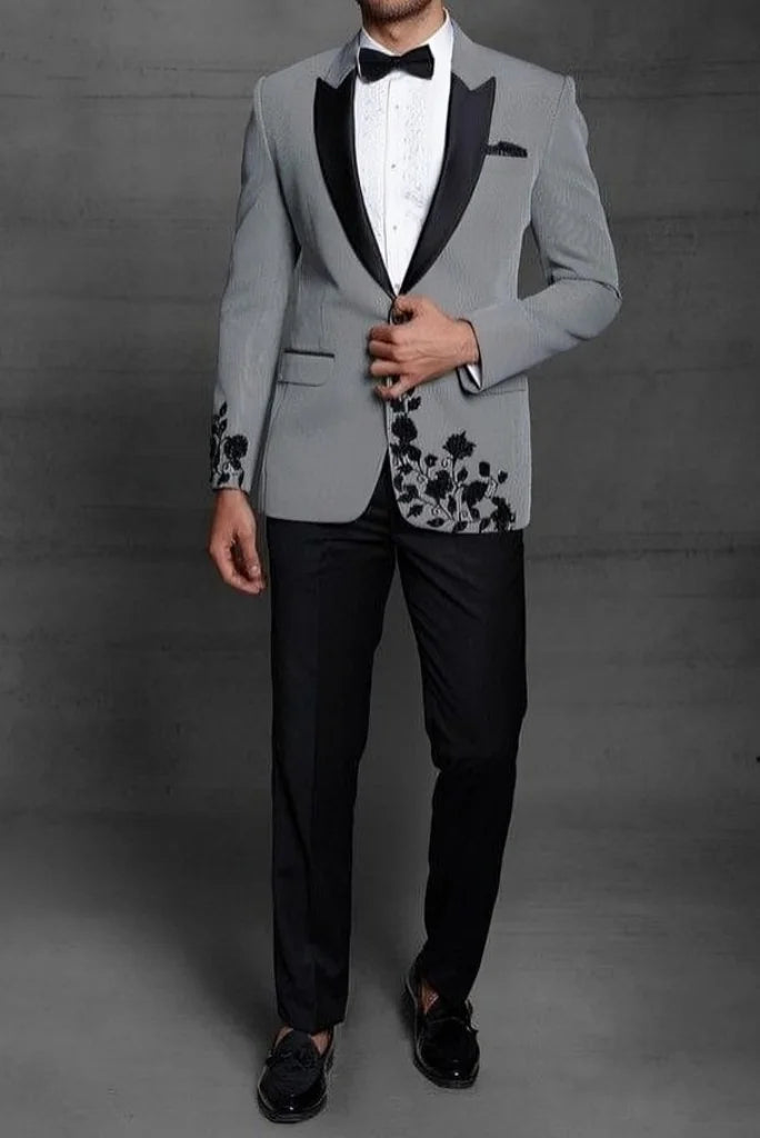 Men Grey Suit Designer Suit Embroidered Flower Hand Work Suit Wear