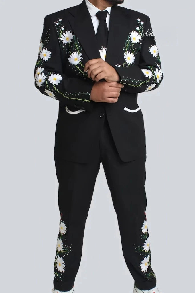 Men Black Designer Suit Embroidered Flower Hand Work Suit Wear
