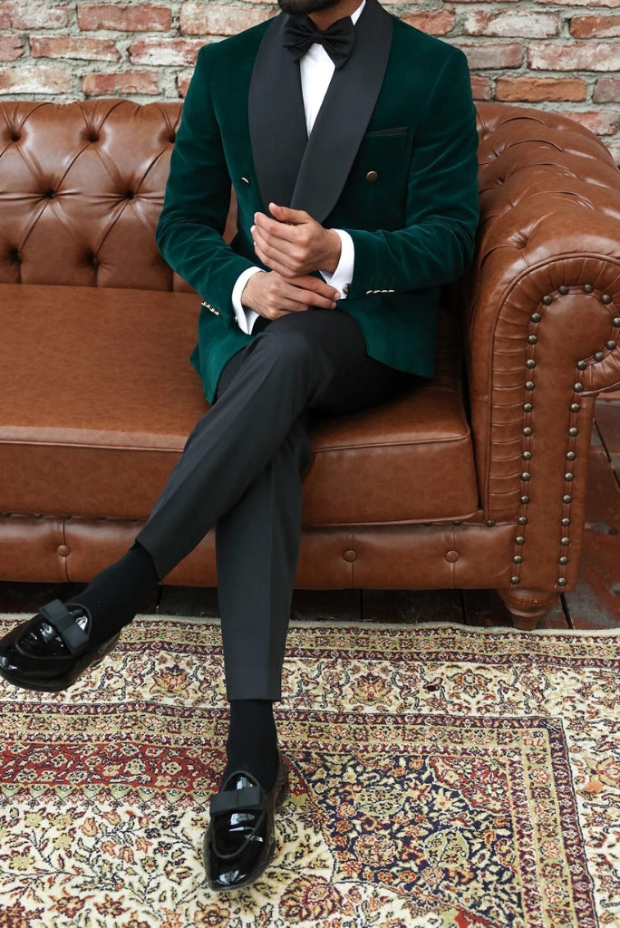 Men Tuxedo Double Breasted Velvet Green Suit by SAINLY 36 / 36 Men Tuxedo Double Breasted Velvet Green Suit by SAINLY 36 / 36