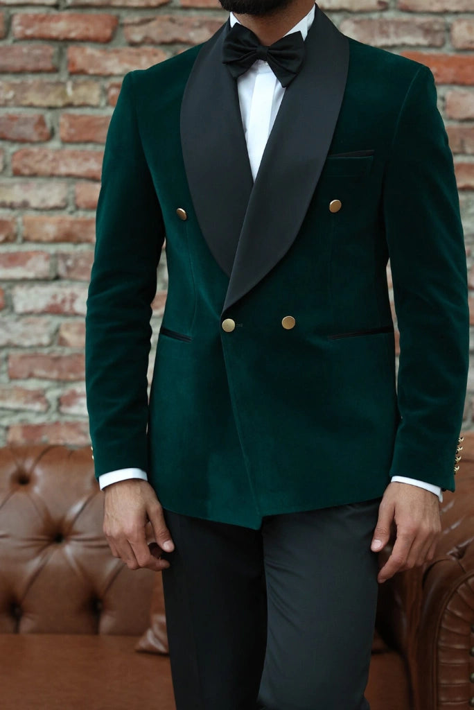Men Tuxedo Double Breasted Velvet Green Suit by SAINLY 36 / 36 Men Tuxedo Double Breasted Velvet Green Suit by SAINLY 36 / 36