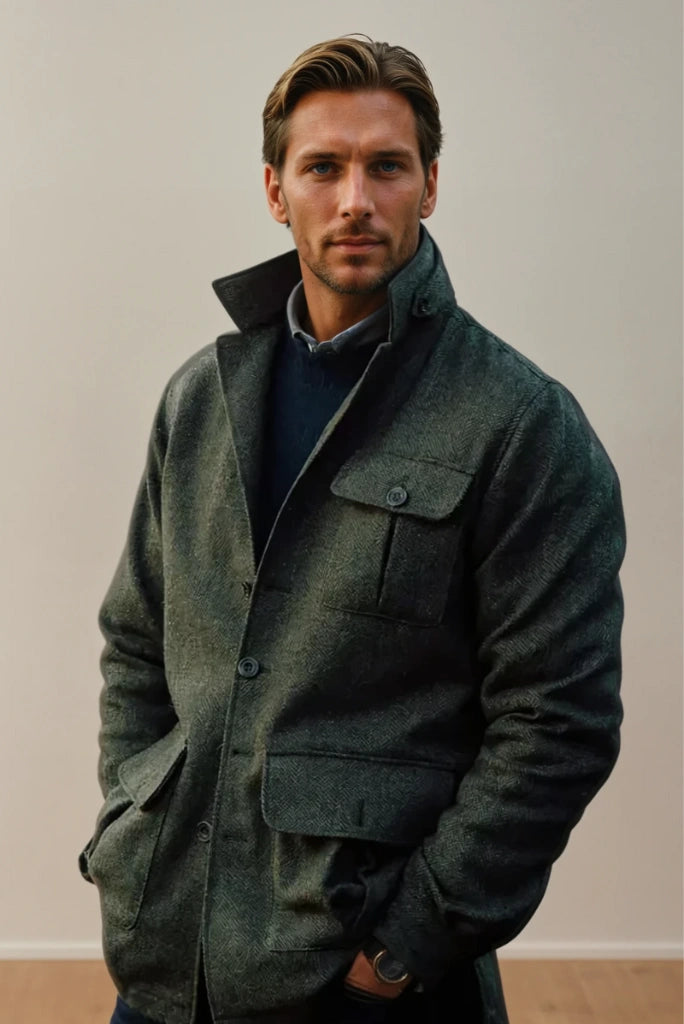 Winter Olive Green Shacket Tweed Cargo Jacket Vintage Safari Jackets