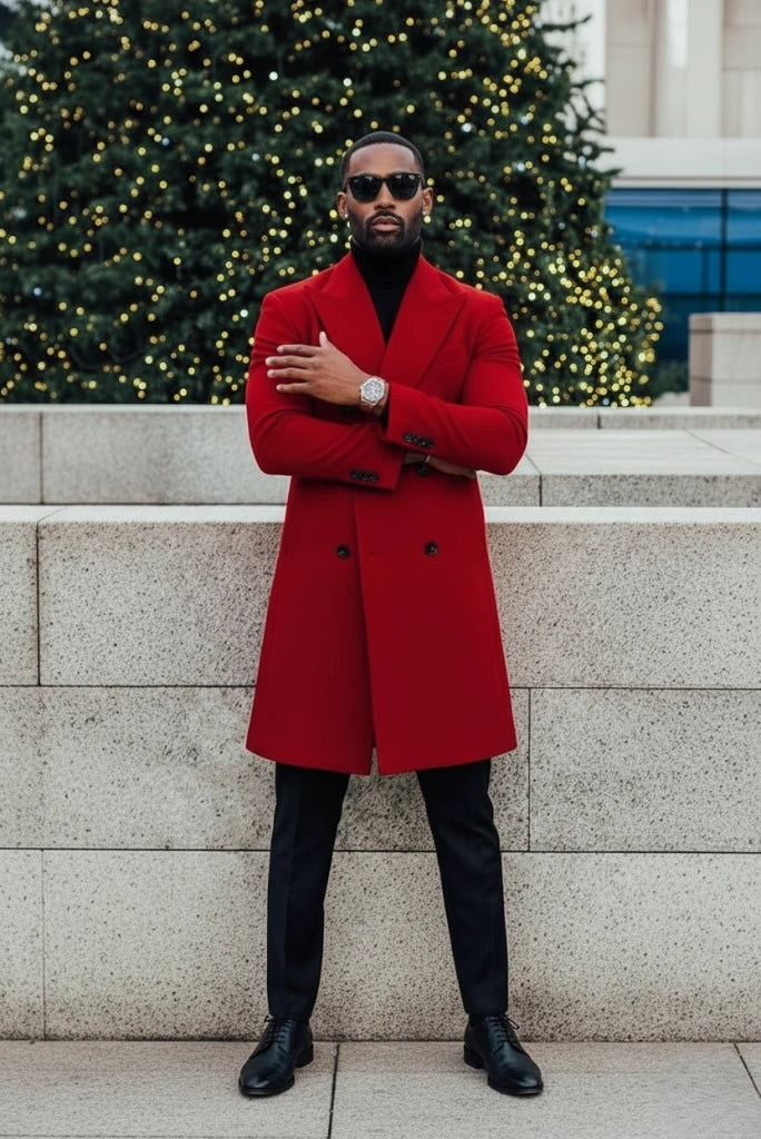 Men Red Overcoat Vintage Long Trench Coat Men winter Long Coats Mens Business Casual Long Coat winter Long Outwear Valentines day gift 36 / 40