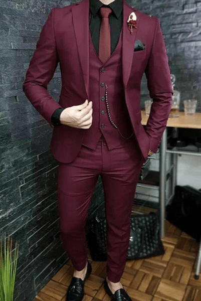Burgundy 3 Pieces Wedding Suits Solid Color Slim Fit Men's Suit main image 0