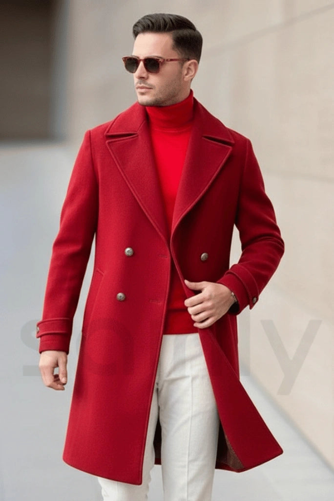 Men Tweed Red Vintage Overcoat (Front)