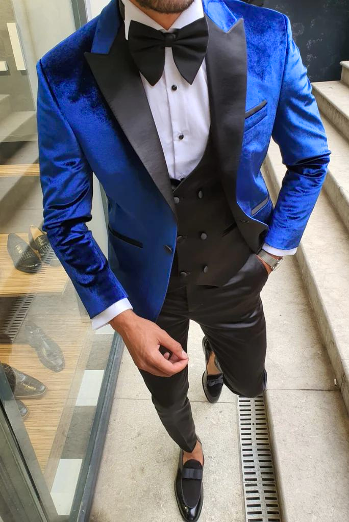 sachin and babi light blue dress Men Velvet Blue Suit Three Piece Suit Slim Wedding Tuxedo Suit Sainly 34 / 30