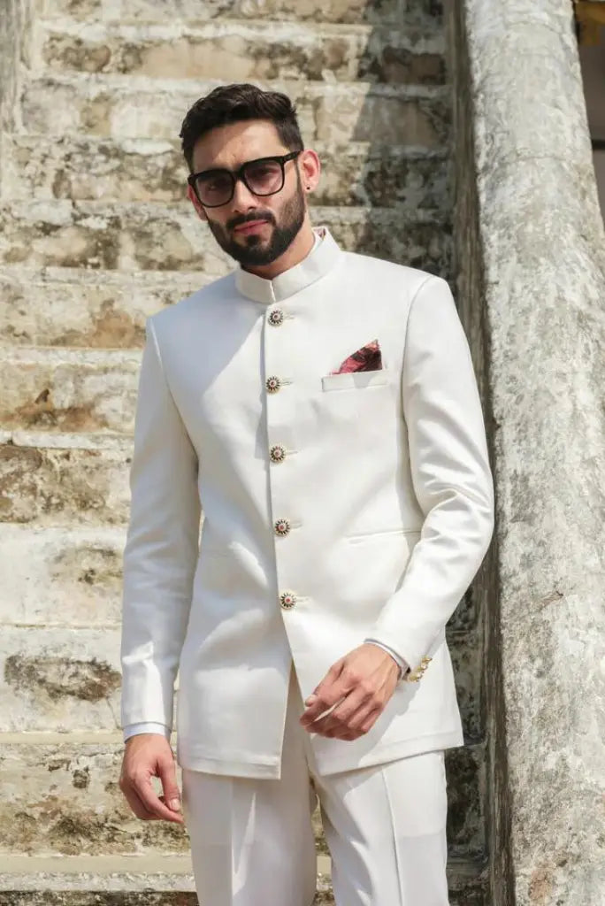 dress shops near Men White Jodhpuri Suit Bandhgala White Indian Wedding Suits Sainly