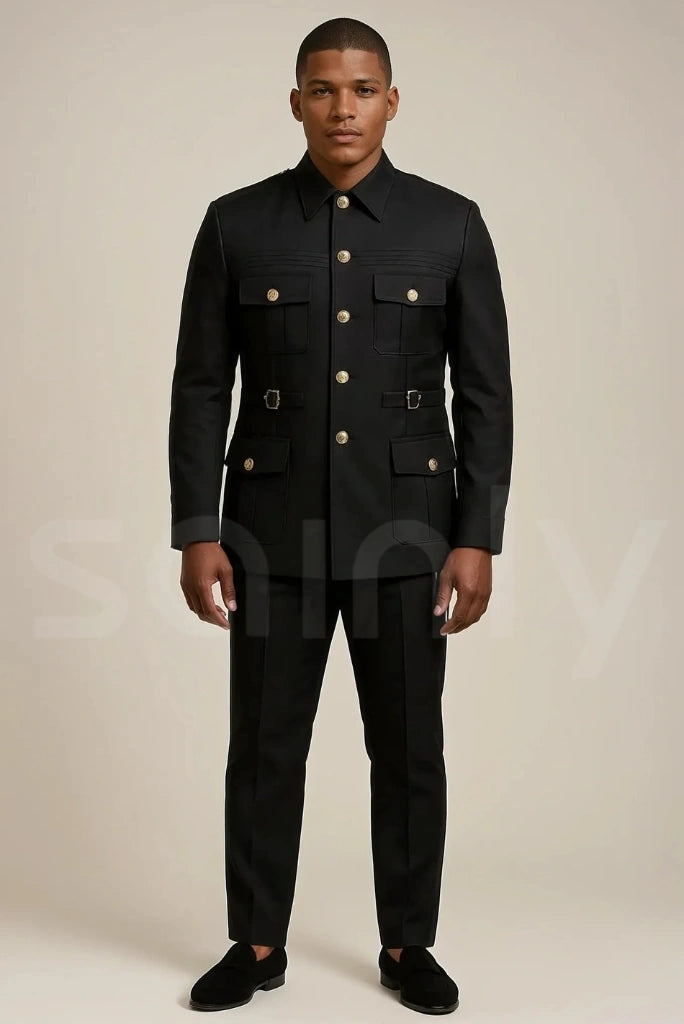Men's Black Cotton Safari Suit Two-Piece Jacket And Trousers for Travel