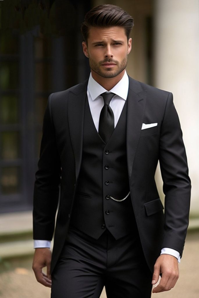 Men Black 3 Piece Suit Wedding Black Suit Elegant Slim Fit Suit Sainly