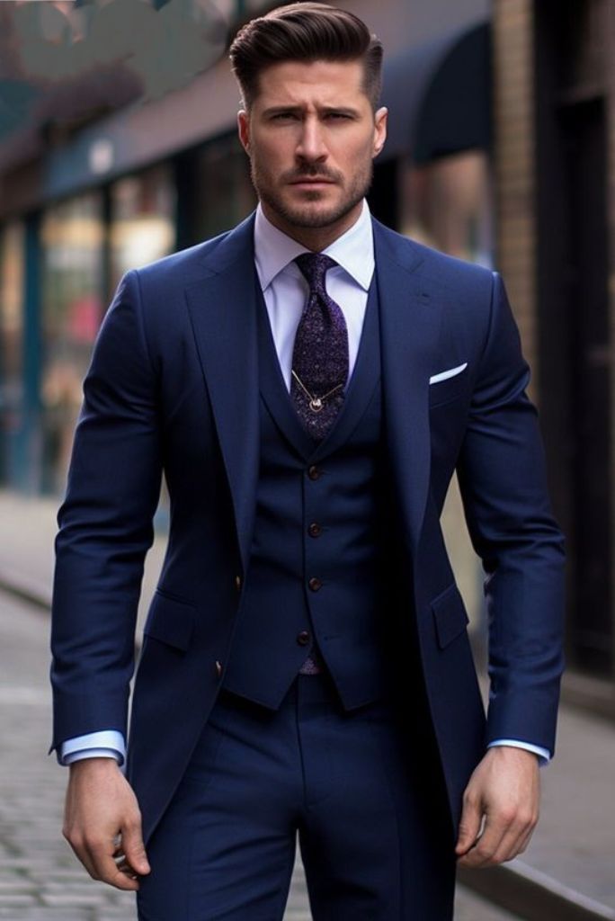 Men Piece Suit Blue Wedding Suit Navy Blue Prom Wear Elegant SAINLY
