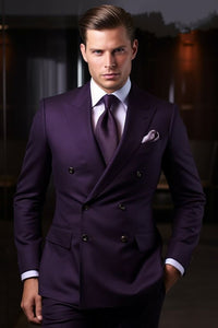 Men Double Breasted Dark Purple Suit Wedding Suits Elegant Him Sainly