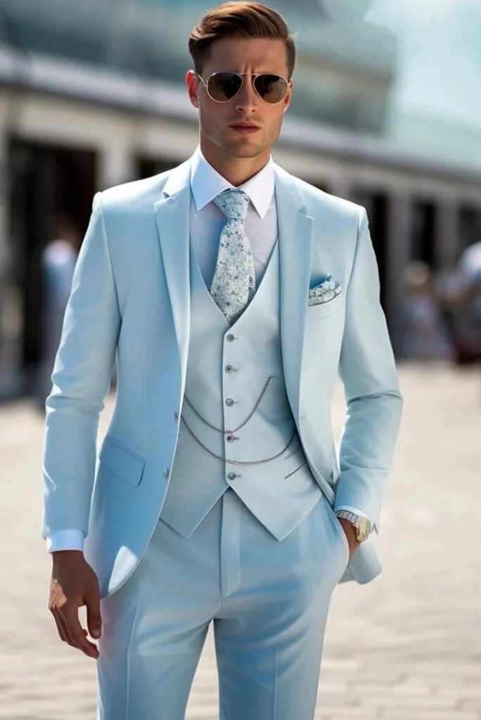 Wedding Light Blue Colour Piece Suit Solid Color Grey /Blue Mens Blazer  Suits Slim Fit Pieces Groomsmen T