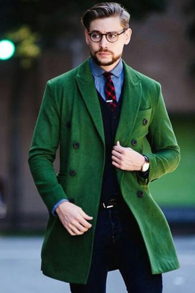Winter Outfits Long Coat Wearing Style Men Green Tweed Overcoat