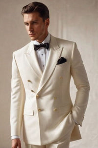 Men 2 Piece Suit Double Breasted Suit Off White Suit Wedding SAINLY