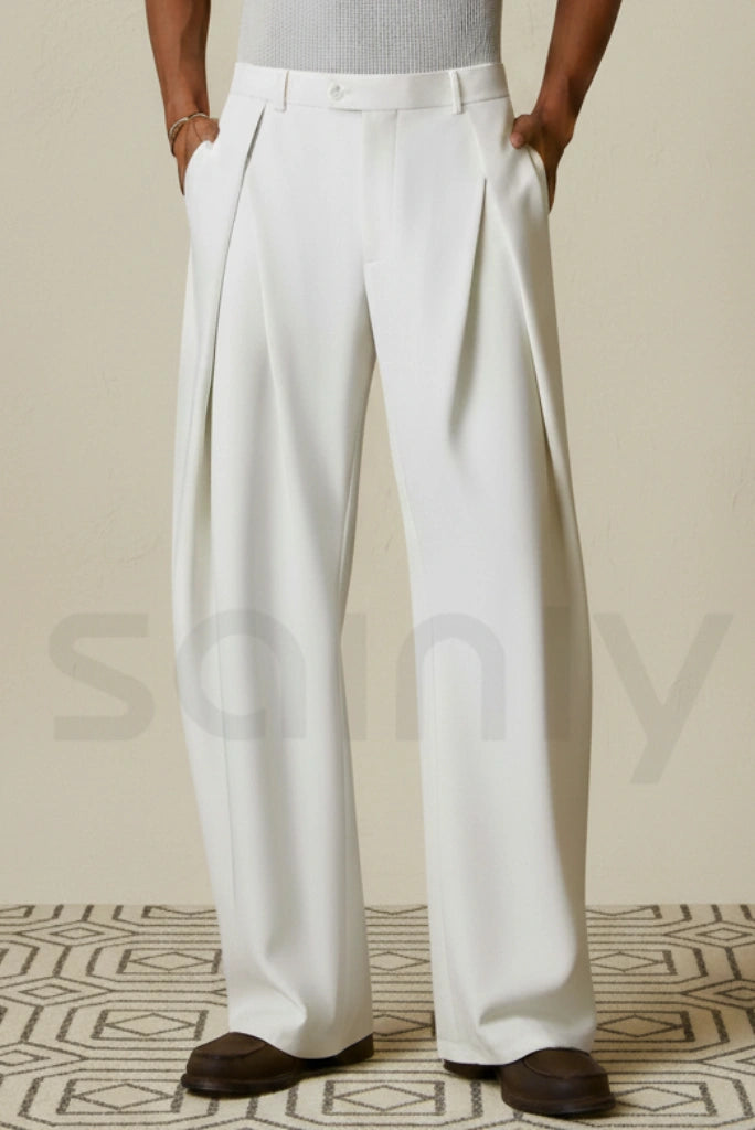 Men’s White Draped Pleated Trousers (Front)