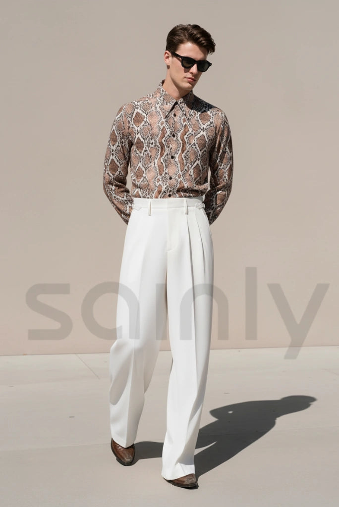Men’s White Wide Leg Flare Trousers for Party and Casual Outfits 44