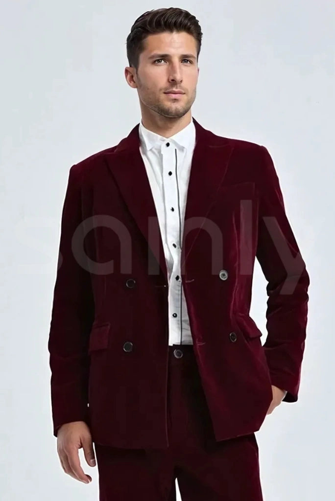 Elegant men’s velvet suit with blazer and pants for prom