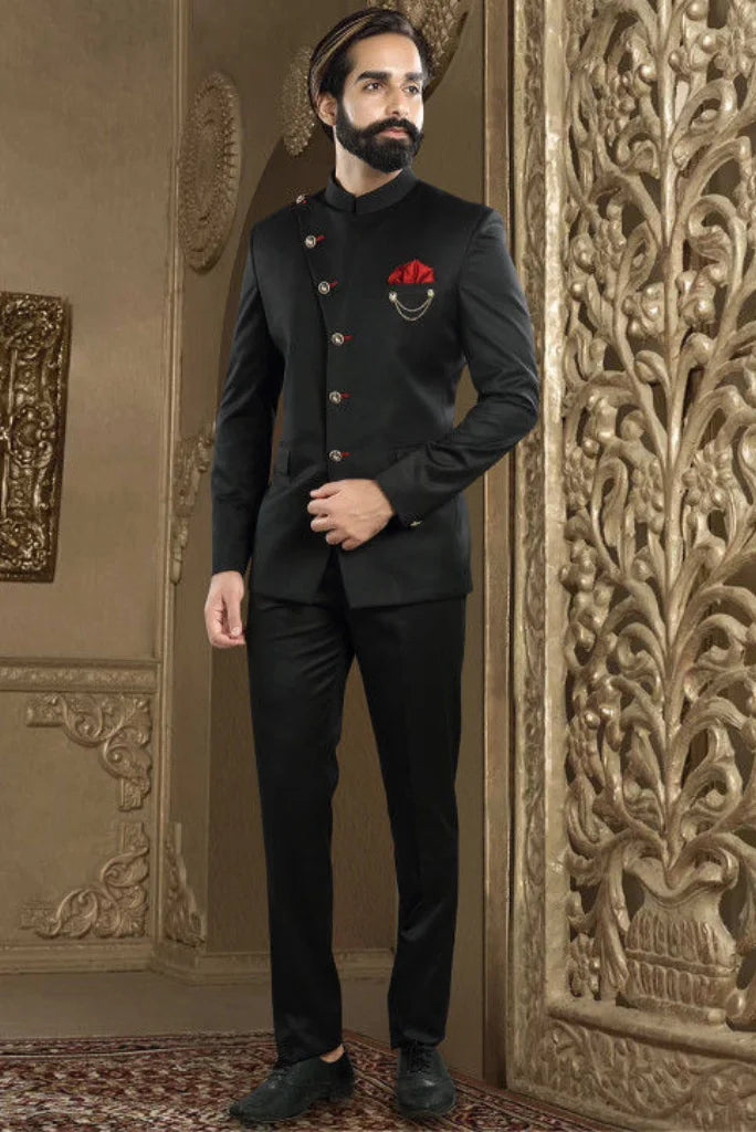 Men s Black Buttoned Design Jodhpuri Suit with Red Accents SAINLY