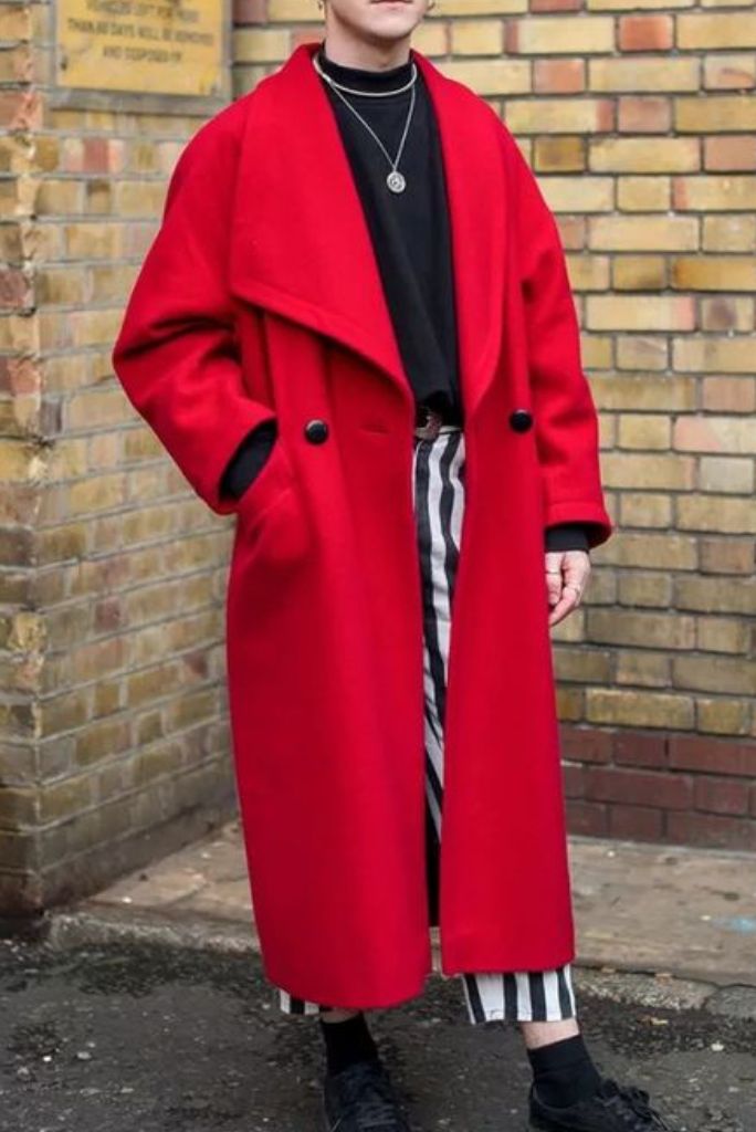 Men Tweed Over Coat Double Breasted Red Woolen Jacket long Coat Sainly