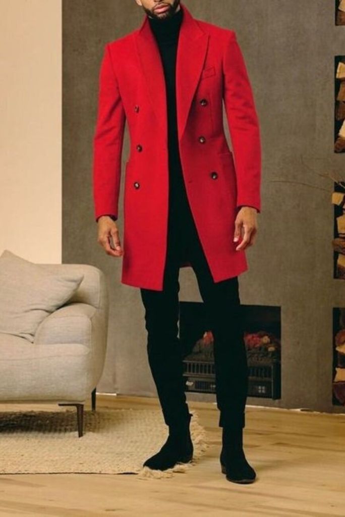 Men Tweed Over Coat Double Breasted Red Woolen Jacket long Coat