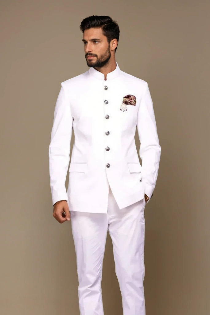 Men Stylish White Jodhpuri Suit Men Bandhgala Suit Groom Wedding Suit