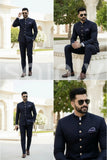 Stylish navy blue Bandhgala reception outfit