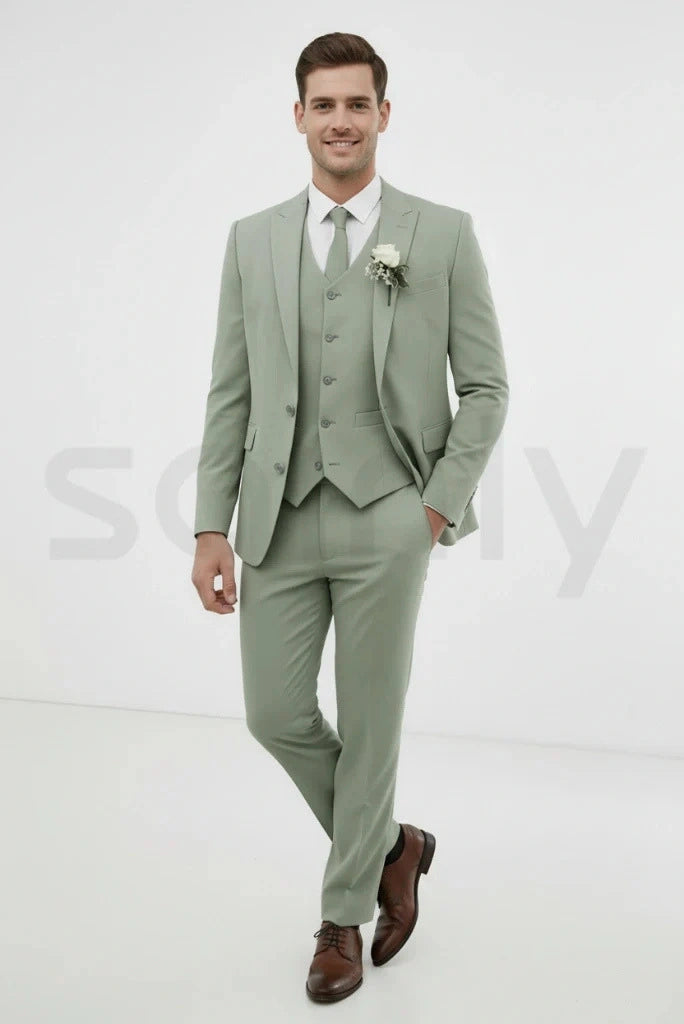 Men Sage Green Three Piece Suit Full Front 