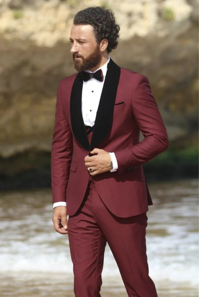 Men Maroon Wedding Suit Tuxedo Slim Fit Suit Groomsmen Suit Sainly 50 / 40