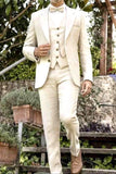 Mens Linen Beige Three Piece Suit Wedding Wear