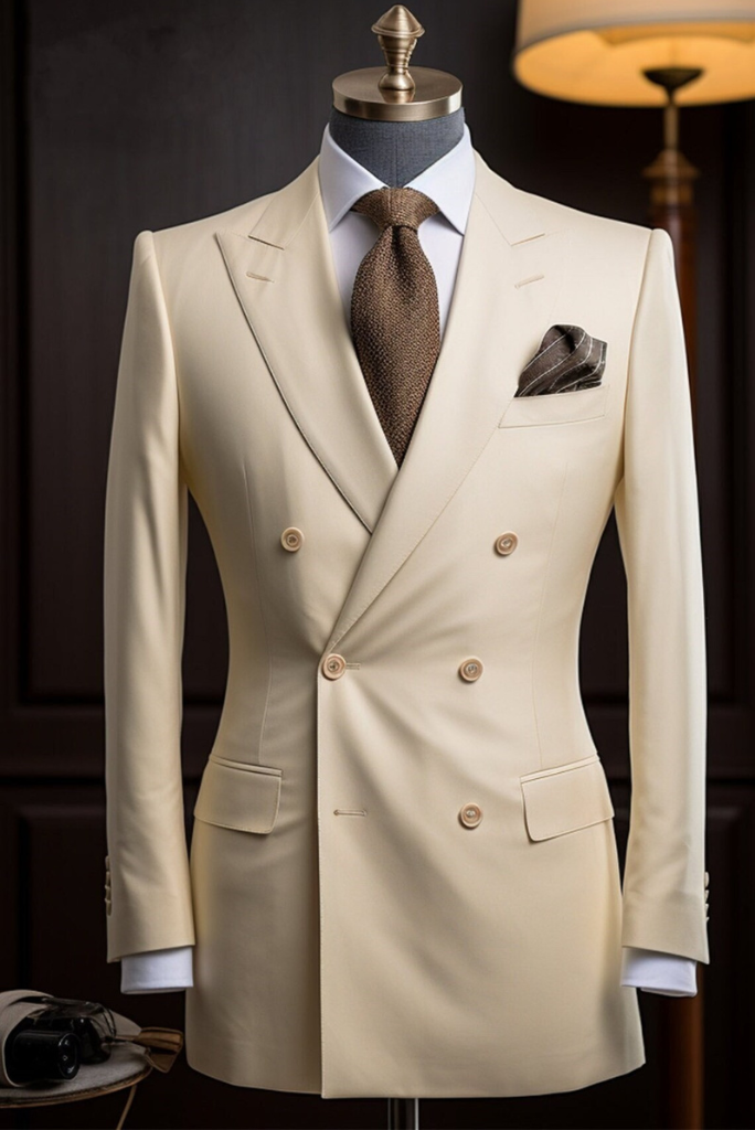 Men Double Breasted Cream Suit 2 Piece Suit Wedding Suit Cream Sainly