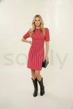 Women's mini puff sleeve smocked dress with striped hand block print (Front)
