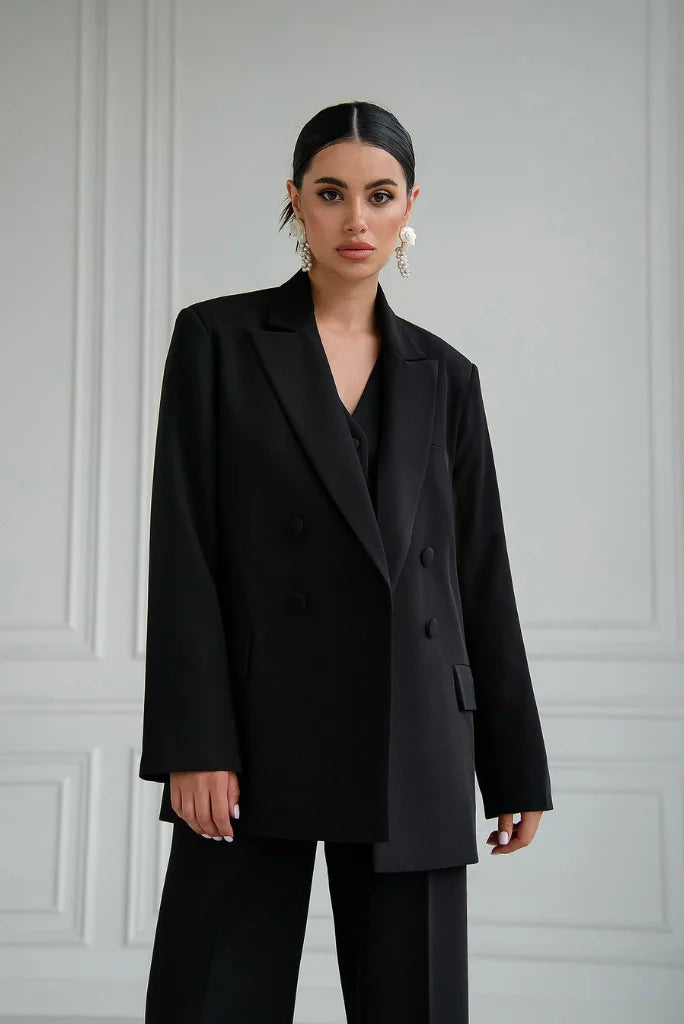 Women's Black Double Breasted 3 Piece Suit, Elegant Black Suit for Cocktail, Wedding and Event 46 / 24