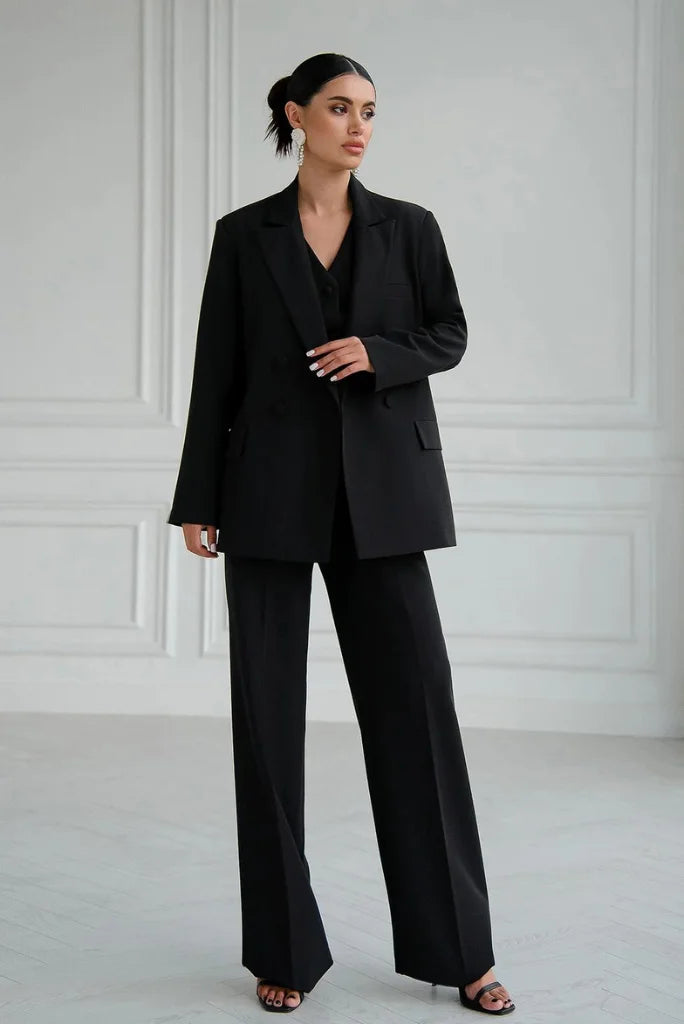 Women's Black Double Breasted 3 Piece Suit, Elegant Black Suit for Cocktail, Wedding and Event 40 / 24