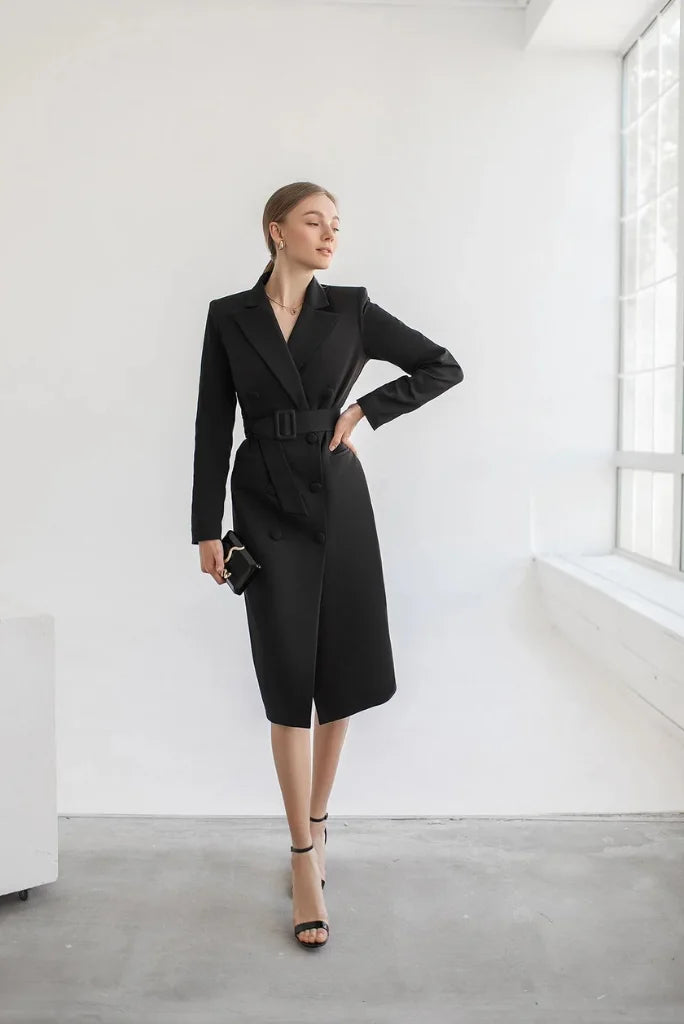 Women's Black Long Coat Formal Dress, Elegant Double Breasted Coat for Office and Events 36