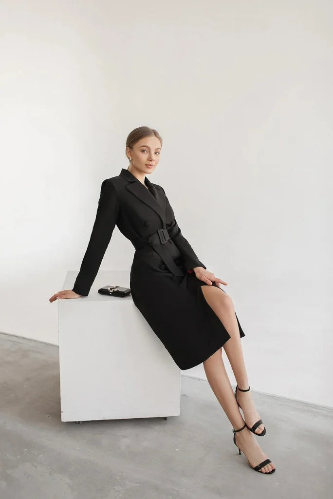 Women's Black Long Coat Formal Dress, Elegant Double Breasted Coat for Office and Events 36