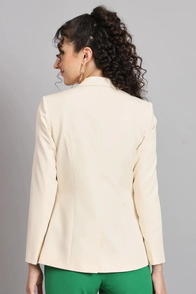 Women Cream Single Breasted Notched Lapel Blazer, Casual Long Sleeve Blazer for Her 36