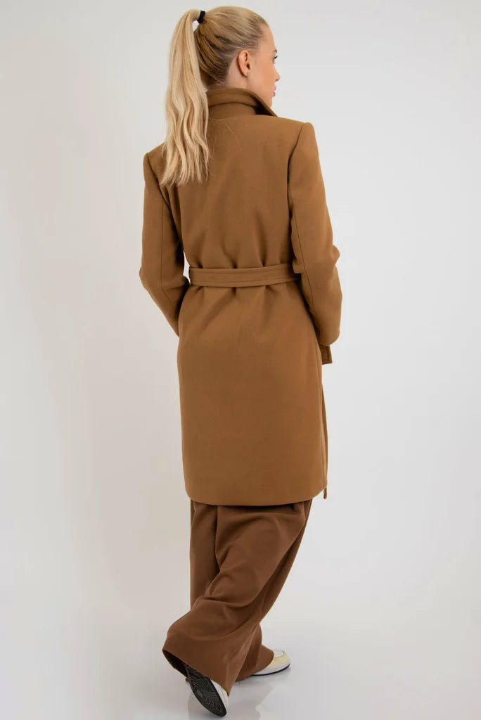 Women s Camel Brown Belted Long Coat Fashionable Coat for Winter 34