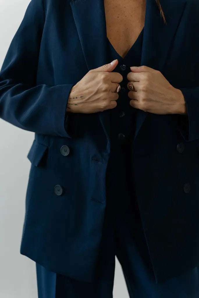 Women Navy Blue Double Breasted 3 Piece Suit For Office and Meetings, Classic Formal Outfit For Her 42 / 34