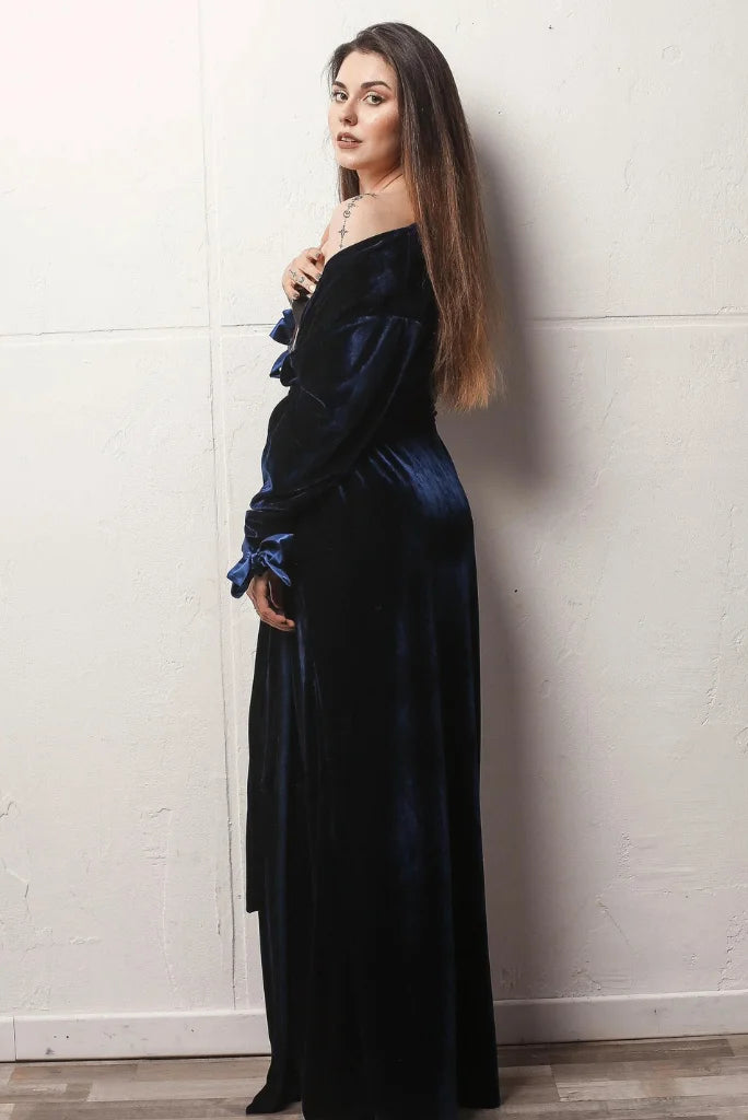 blue velvet dress women Designer Navy Blue Velvet Robe for Women, Full length Robe for party and occasion 34