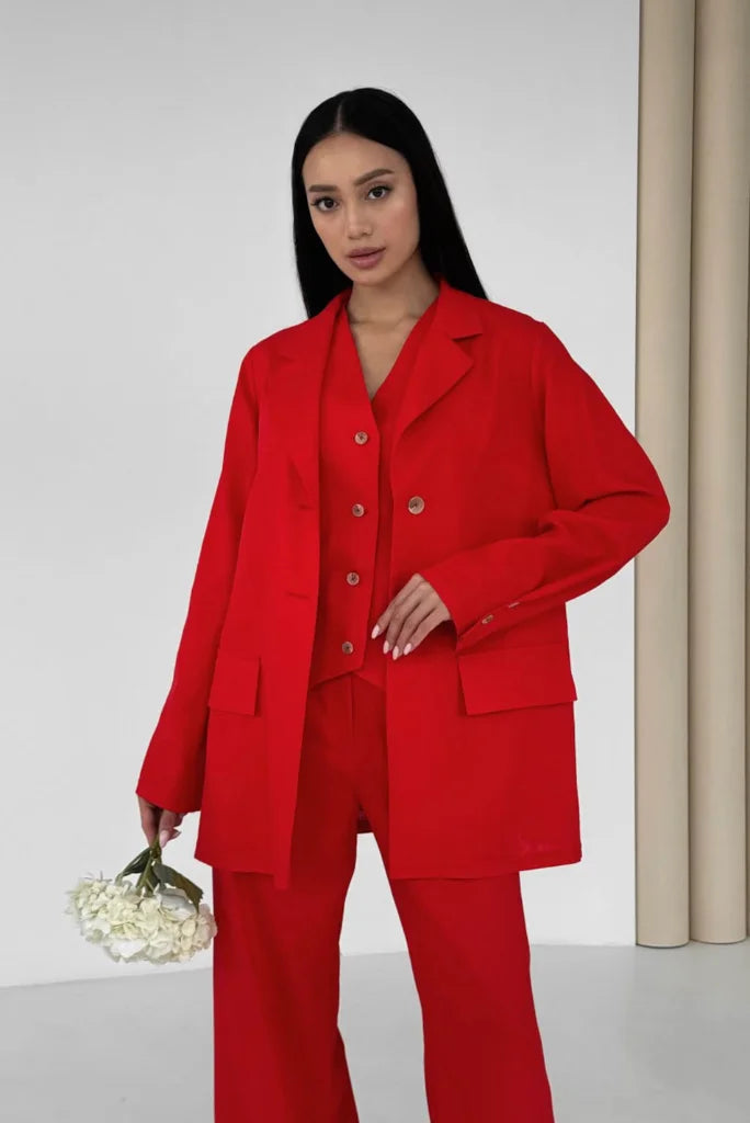 Women Red Three Piece Suit For Office and Events, Classic Red Outfit For Wedding 38 / 32