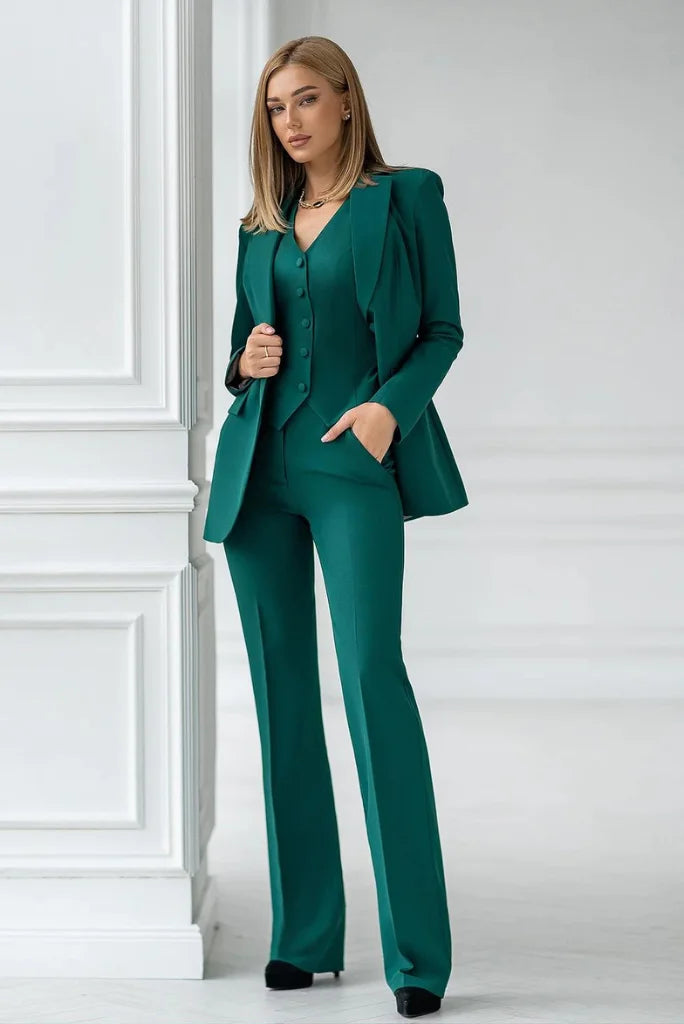 Teal Green Regular Fit 3 Piece Suit for Women, Classic Single Breasted