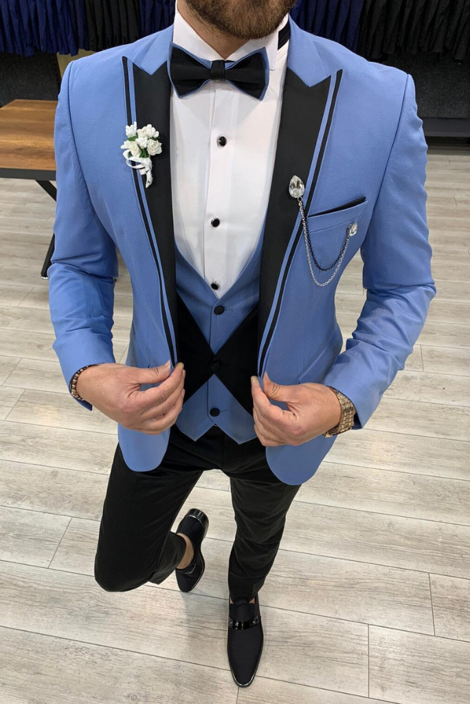 Men 3 Piece Tuxedo Suits Wedding Suits Sky Blue Dinner Suits Sainly