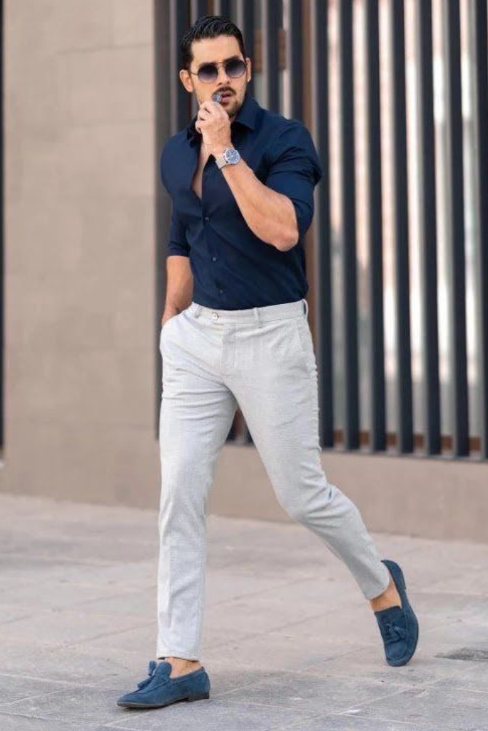 What to Wear With Grey Trousers  Blue trousers outfit, Outfit men casual,  White tshirt men
