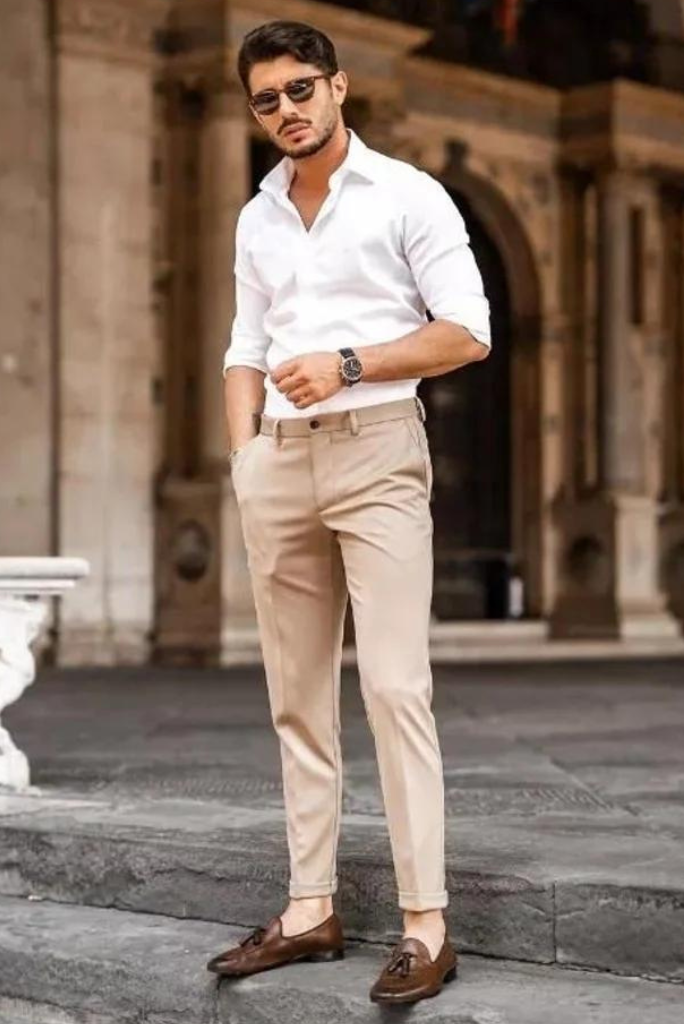 Brown Pants with White Shirt Smart Casual Warm Weather Outfits For Men (225  ideas & outfits) | Lookastic