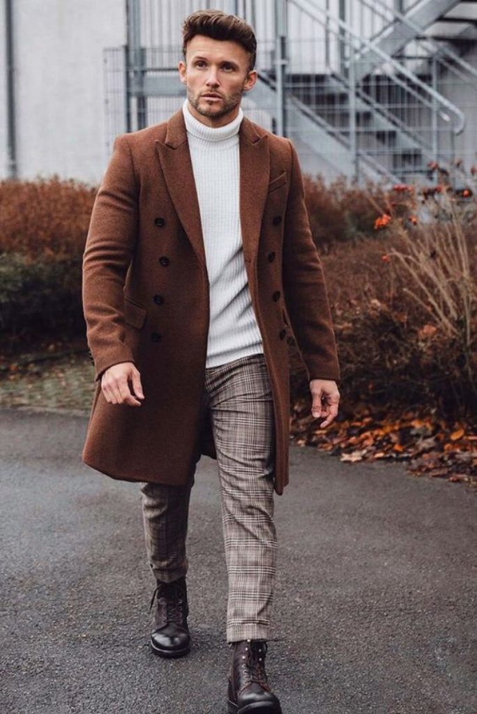 Men Brown Long Overcoat Tweed Vintage Coat Winter Coat Sainly 52 Men Brown Long Overcoat Tweed Vintage Coat Winter Coat Sainly 52