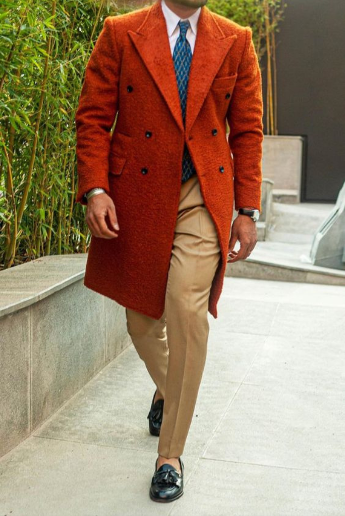 Men Orange Overcoat Vintage Coat Orange Winter Long Coat Tweed Sainly