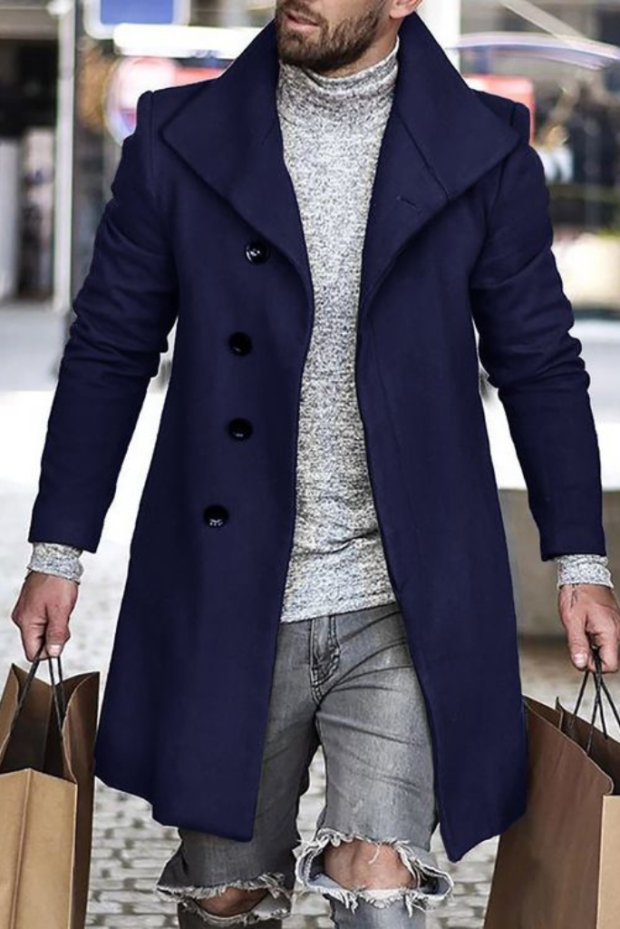 Men Blue Long Overcoat Winter Long Jacket Windbreak Coat Sainly