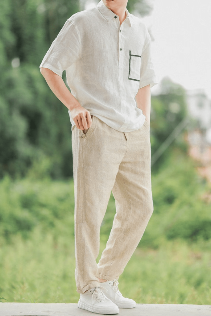 Men's Cotton Linen Pants Loose Linen Tapered Pants Beige Elastic Waist  Linen Harem Pants Linen Ankle Pants