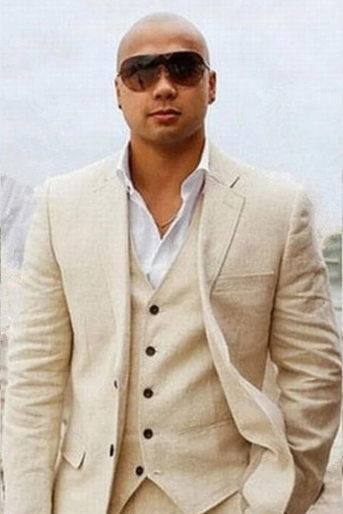 Men linen beige suit | beach wedding suit | 3 Piece Suit | Sainly 
